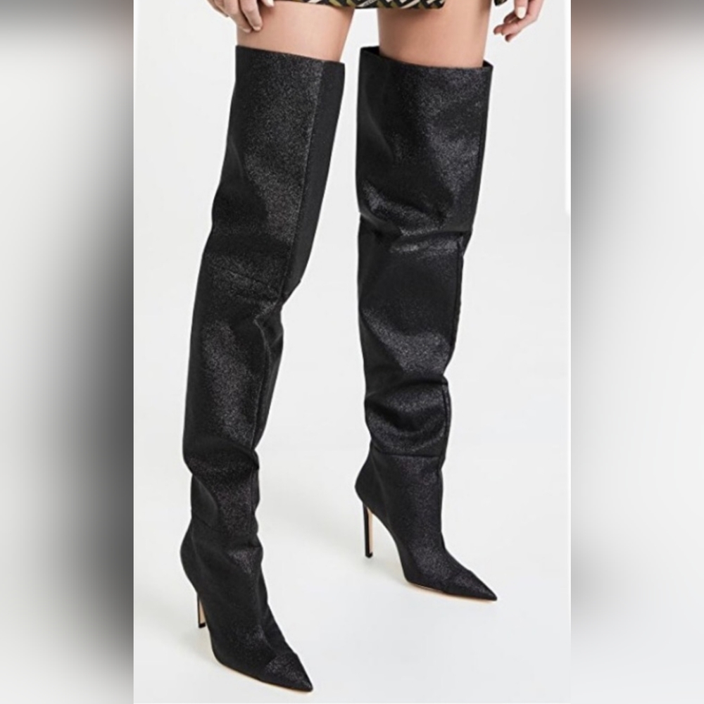 Good American The Weekend Black Glitter Thigh High Boots Over The Knee WIDE CALF